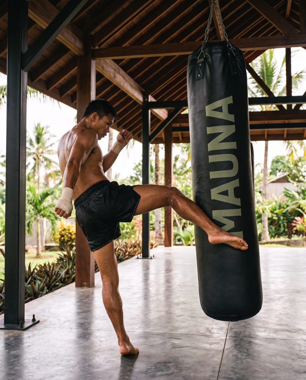 Muay Thai training in an open-air pavilion gym