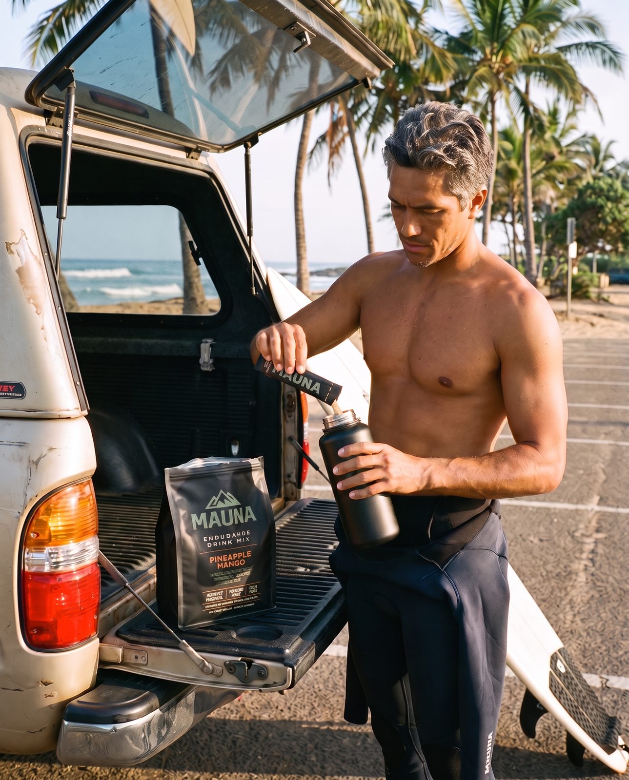 Surfer mixing MAUNA at the tailgate